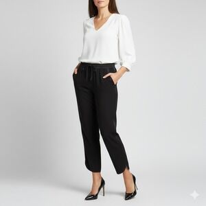 KENNETH COLE Elastic Waist‎ Tie Front Trimmed Pull On Ankle Pants Black Womens L